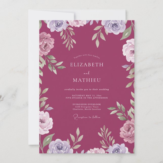 Boho-Himbeer-Ranunculus-gemalte Hochzeit Einladung (Vorderseite)