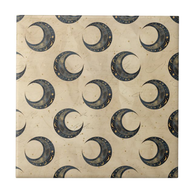 Boho Himmelmond Goldmuster Fliese (Vorderseite)