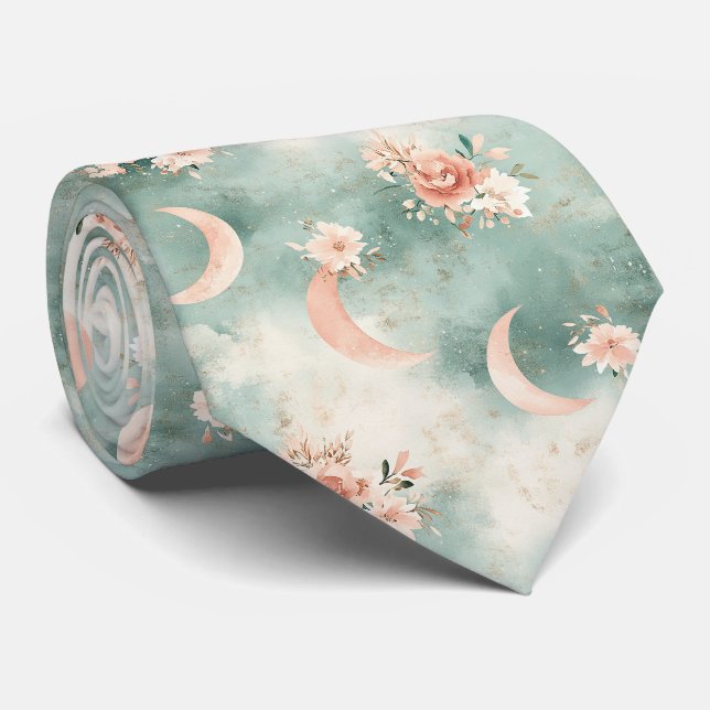 Boho-Himmels-Blumen-Mond-Muster (7) Krawatte (Gerollt)