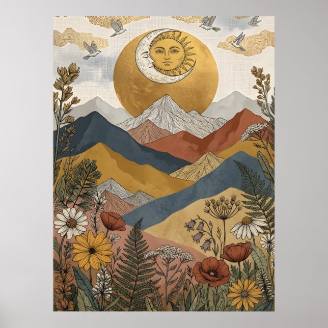 Boho Himmels-Sonne-Mond-Gesicht-Berg-Vögel Poster (Vorne)