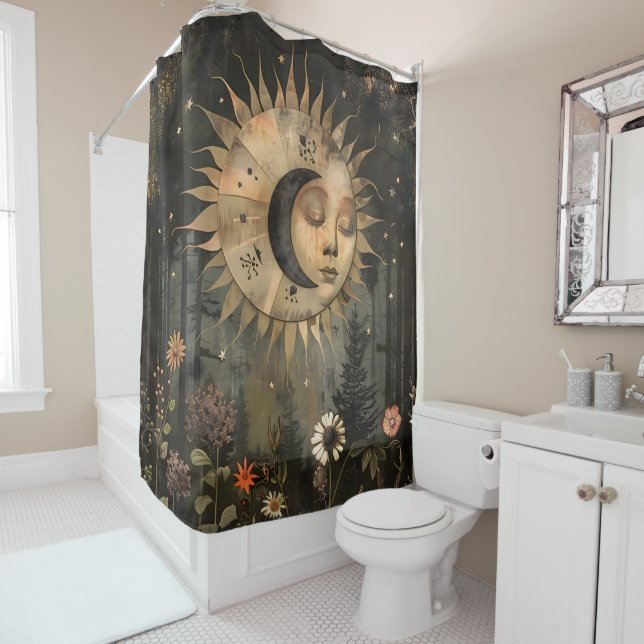 Boho Himmels-Sonne-Mond-Wildblumengarten Duschvorhang (Beispiel)