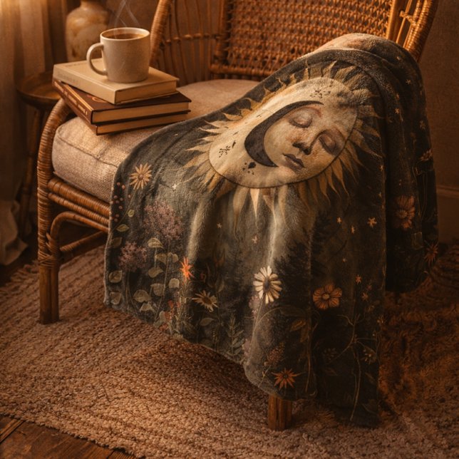 Boho Himmels-Sonne-Mond-Wildblumengarten Fleecedecke (Von Creator hochgeladen)