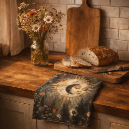 Boho Himmels-Sonne-Mond-Wildblumengarten Geschirrtuch