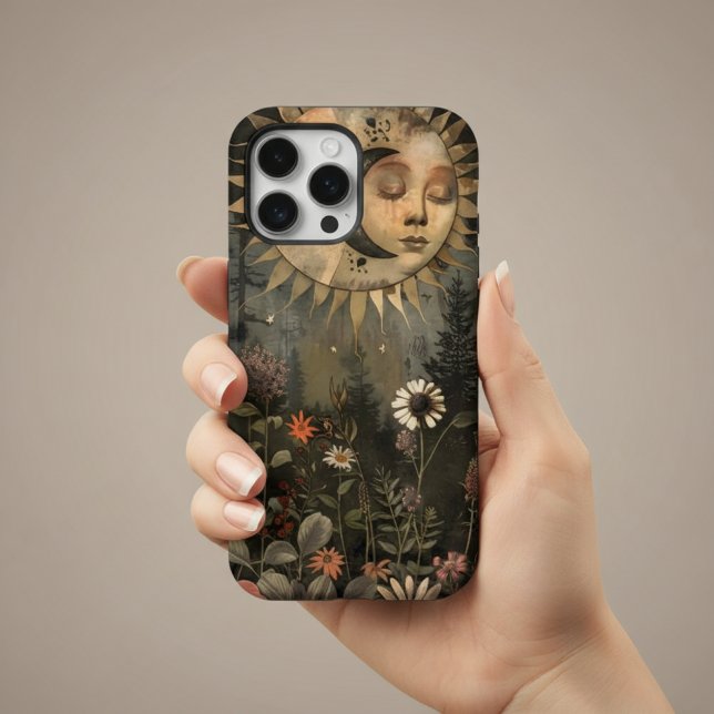 Boho Himmels-Sonne-Mond-Wildblumengarten iPhone Hülle (Von Creator hochgeladen)
