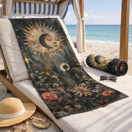 Boho Himmels-Sonne-Mond-Wildblumengarten Strandtuch