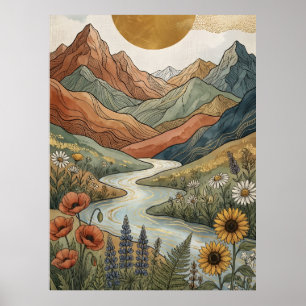 Boho Himmelsberg Goldfluss Sonnenblume Poster