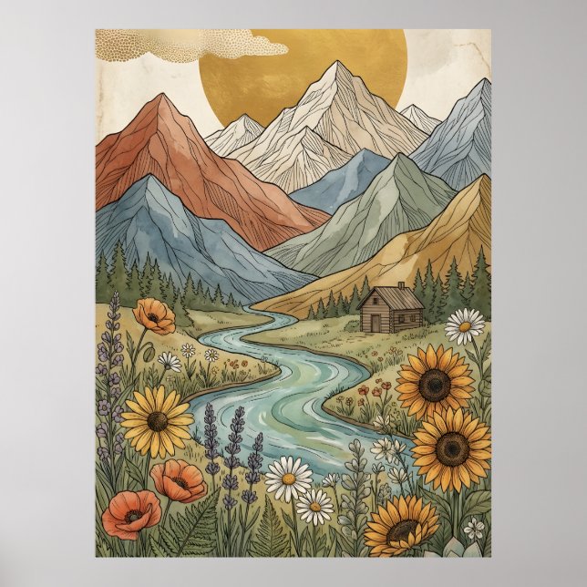 Boho-Himmelsberg-Hütten-Fluss-Sonnenblume Poster (Vorne)