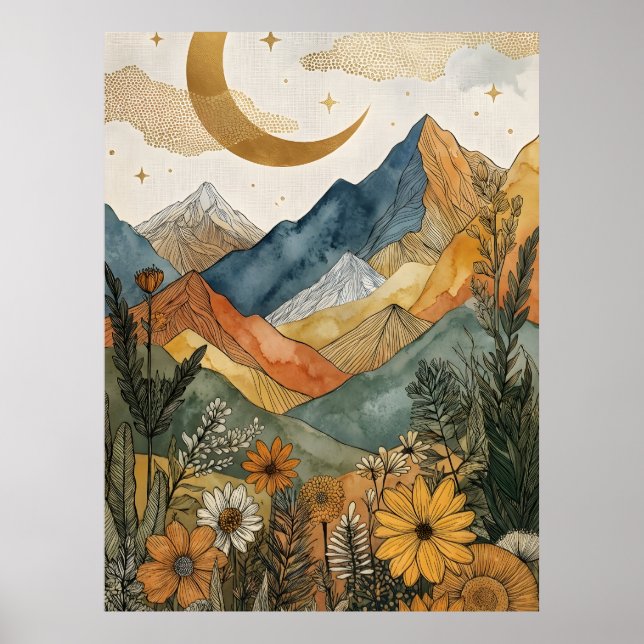 Boho Himmelsgold Mond Berg Wildblume Poster (Vorne)