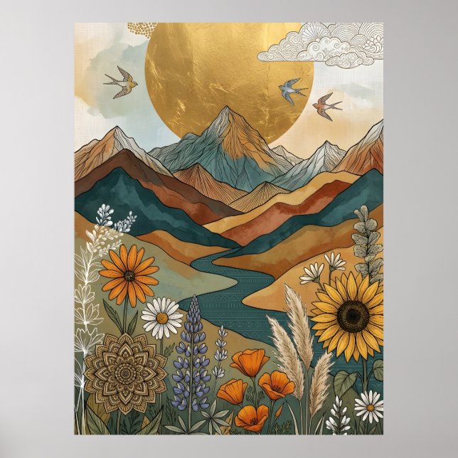 Boho Himmelsmandala Fluss Berg Sonne Poster (Vorne)