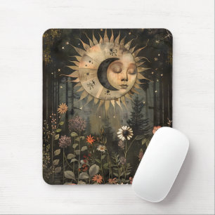 Boho Himmlische Sonne Mond Wildblumen Garten Mousepad
