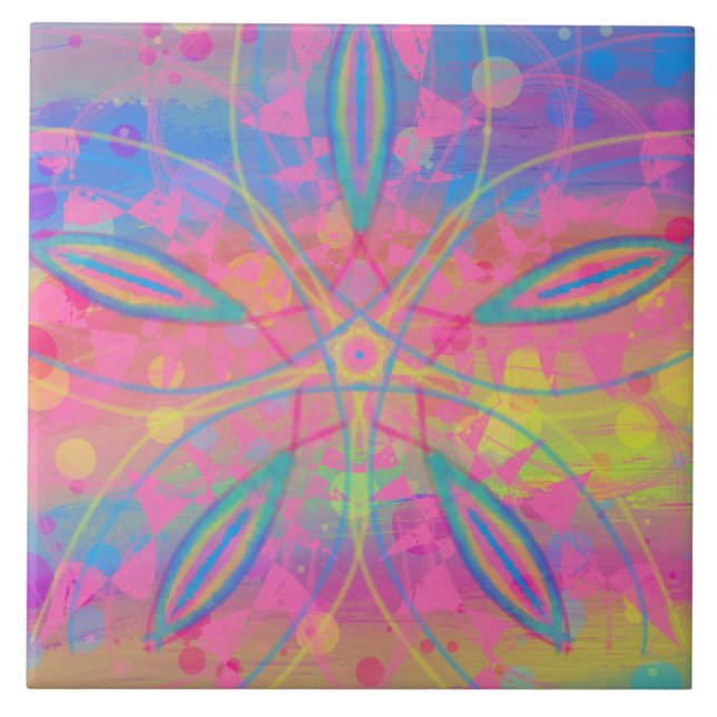 Boho Hippie Gefärbte Krawatte Neon Pastel Mandala  Fliese (Vorderseite)