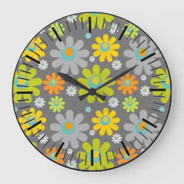 Boho Hippie Gray/Green/Yel/Orange Daisis on Gray Große Wanduhr