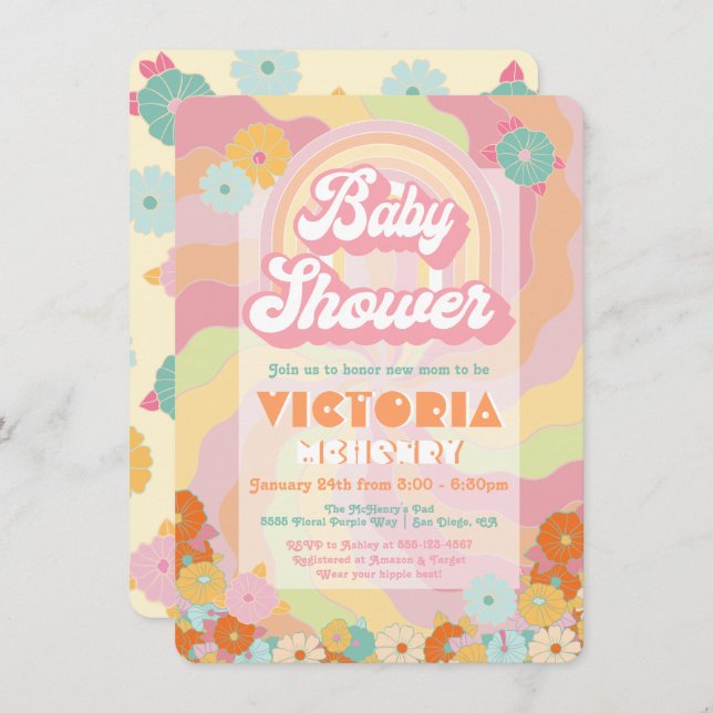 Boho Hippie Rainbow Floral Baby Shower Einladung (Vorne/Hinten)