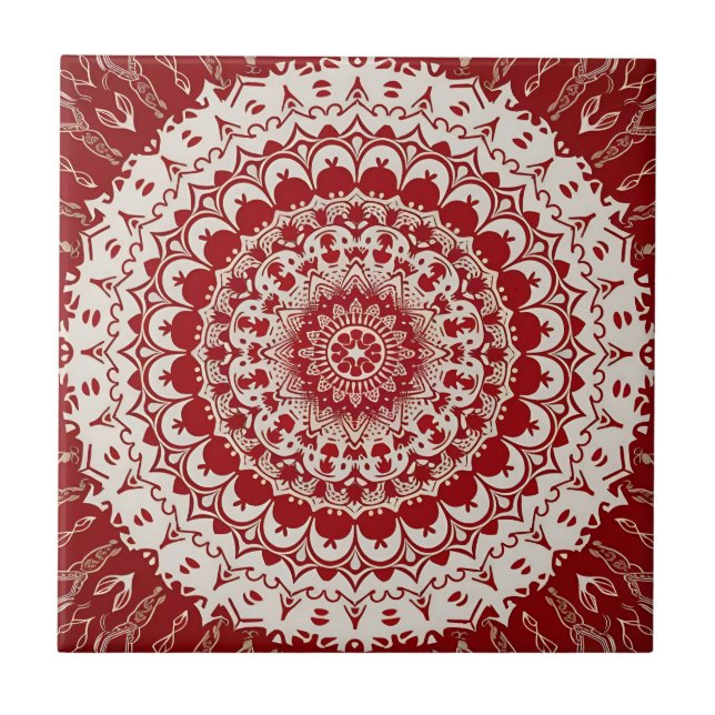 Boho Hippie Tibetan Inspiriert Red Mandala Fliese (Vorderseite)