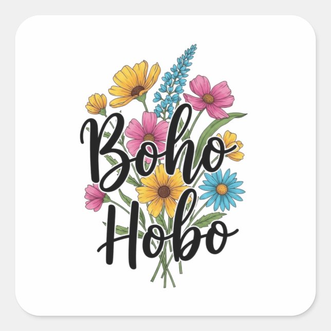 Boho Hobo Blume Bouquet Design Quadratischer Aufkleber (Vorderseite)