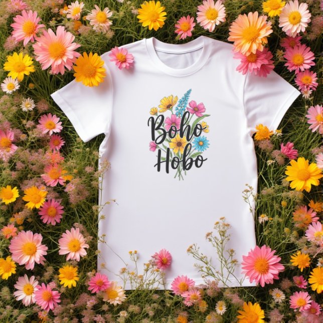 Boho Hobo Blume Bouquet Design T-Shirt (Boho hobo flower bouquet t-shirt design,fresh and floral in pink, yellow and blue.)