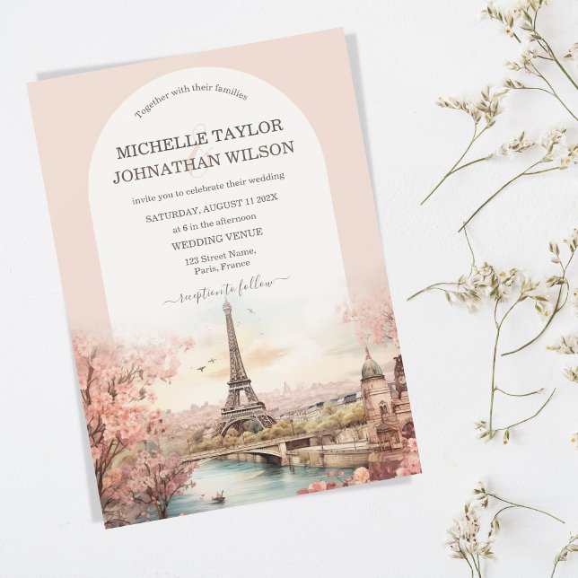 Boho Hochzeit in Urlaubsort Paris Eiffel Tower Fra Einladung (boho paris watercolor blush pink)