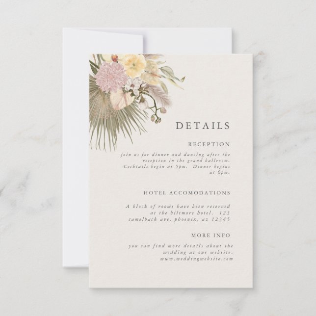 Boho-Hochzeit Pampasgras Palm Info Einladung (Vorderseite)