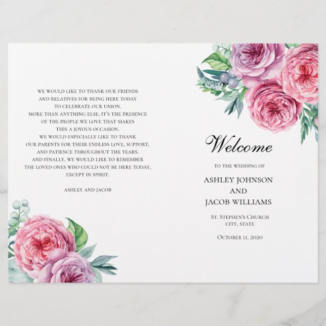 Boho Hochzeit Programm gefaltet. Sommerrosa Blume (Vorderseite)