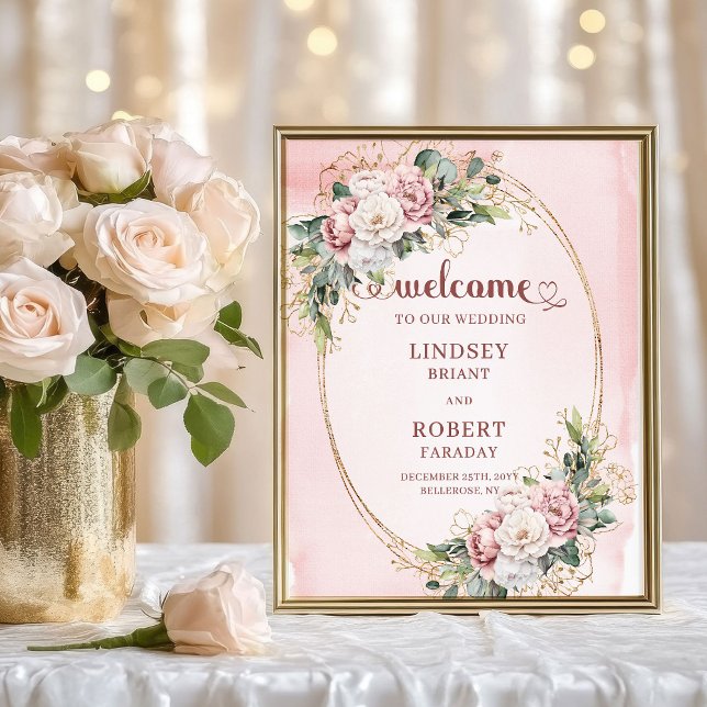 Boho-Hochzeits-Willkommens-Schild Dusty Pink Flora Poster (Boho Wedding Welcome Dusty Pink Floral Gold)