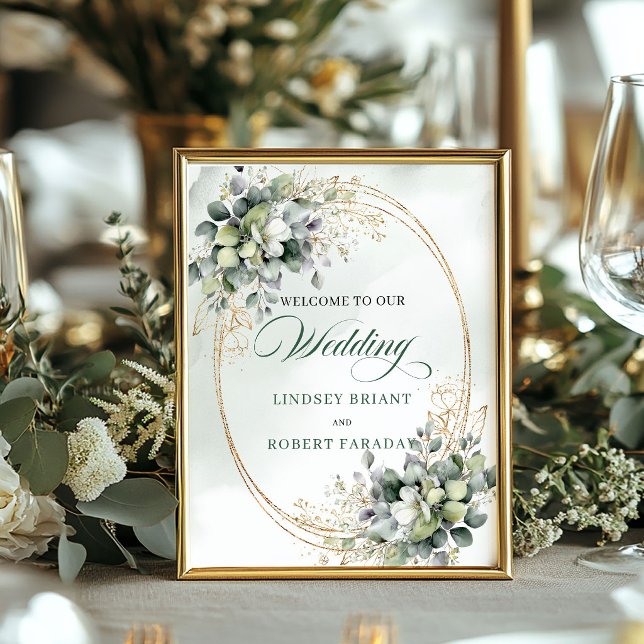 Boho-Hochzeitstisch-Willkommensschild Dusty Green  Poster (Boho Wedding Tabletop Welcome Sign Dusty Green Eucalyptus)