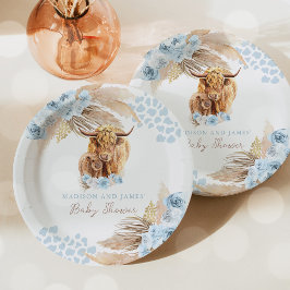 Boho Holy Cow Blue Pampas Grass Boy Baby Dusche Pappteller