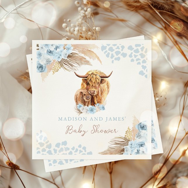 Boho Holy Cow Blue Pampas Grass Boy Baby Shower Serviette (Von Creator hochgeladen)