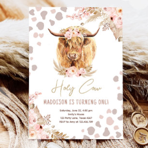 Boho Holy Cow Highland Pampas 1. Geburtstag Einladung