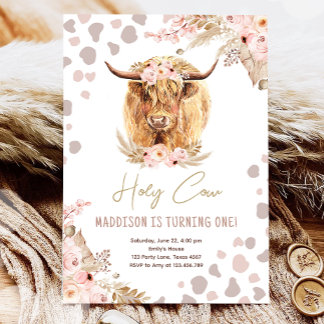 Boho Holy Cow Highland Pampas 1. Geburtstag Einladung