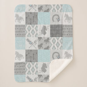 BoHo Horse Sherpa Blanket - Aqua/Gray Sherpadecke