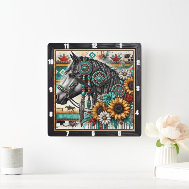 Boho Horse Sunflower Quadratische Wanduhr (Zuhause)
