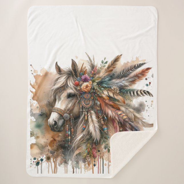 Boho Horse with feathers Sherpadecke (Vorderseite)
