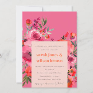 Boho Hot Pink Aquarell Blumenpaare Dusche Einladung