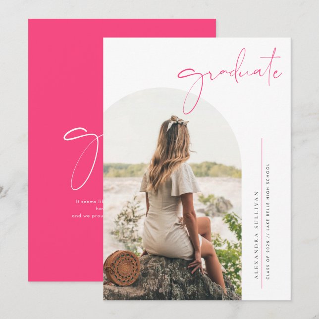 Boho Hot Pink Minimalistisch Arch Foto Abschluss Einladung (Vorne/Hinten)