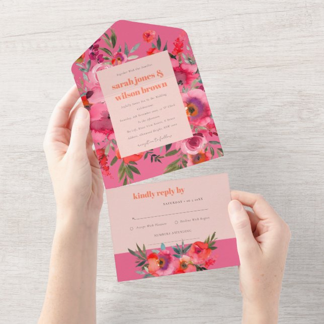 Boho Hot Pink Orange Watercolor Floral Wedding All In One Einladung (Abreißen)