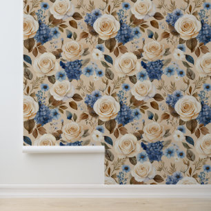 Boho Hütte Core White Roses Blue Floral Tapete