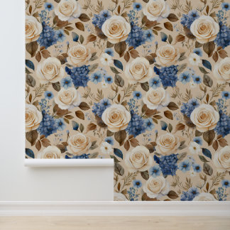 Boho Hütte Core White Roses Blue Floral Tapete