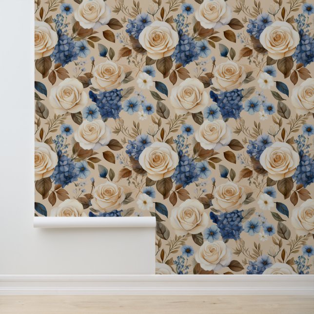 Boho Hütte Core White Roses Blue Floral Tapete (Anwendung)