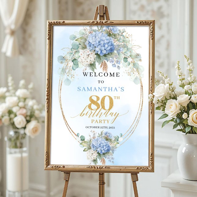 Boho Hydrangeas Gold Dusty Blue 80 birthday welcom Poster (Boho Hydrangeas Gold Dusty Blue 80th birthday welcome)