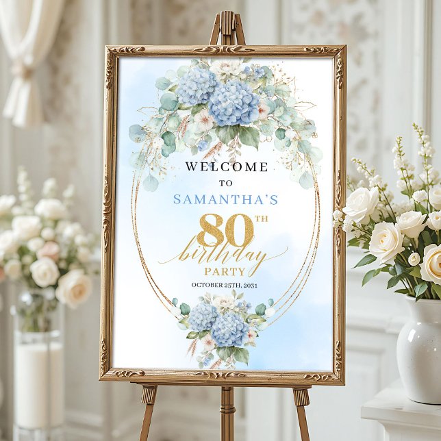 Boho Hydrangeas Gold Dusty Blue 80th birthday welc Poster (Boho Hydrangeas Gold Dusty Blue 80th birthday welcome)