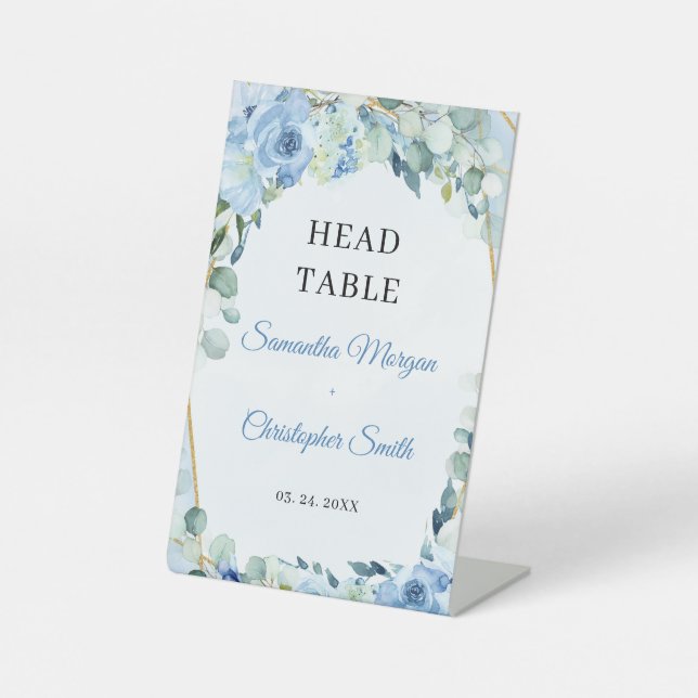 Boho Ice Blue Bloral eucalyptus & gold Head Table Sockelschild (Vorderseite)