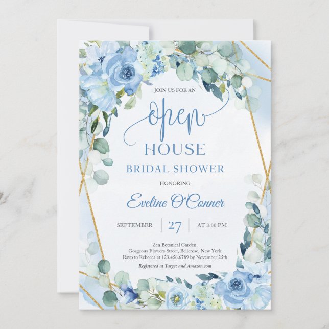 Boho Ice Blue Bloral eucalyptus & gold Open House Einladung (Vorderseite)