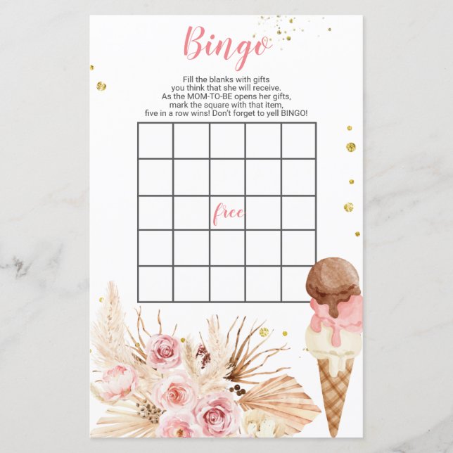 Boho Ice Creme Pink Blume Babydusche Bingo Game (Vorderseite)