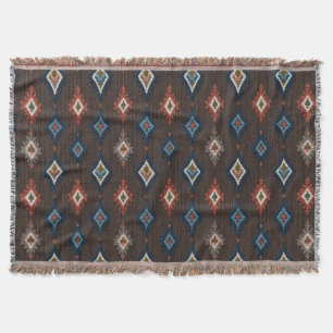 Boho Ikat Throw Blanket - Earthy Brown with Coral Decke