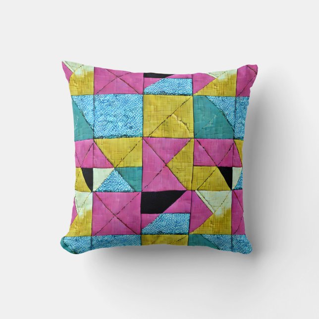 Boho Imitate Patchwork Quilt Rosa Gelb Blau Kissen (Vorderseite)