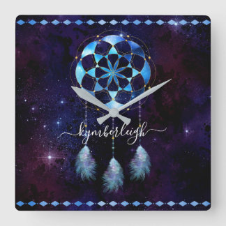 Boho Indigo Tribal Celestial Mandala Dreamcatcher Quadratische Wanduhr