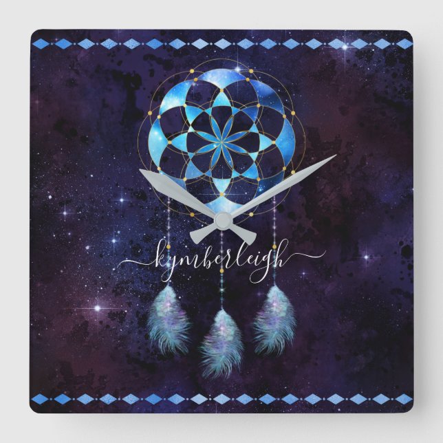 Boho Indigo Tribal Celestial Mandala Dreamcatcher Quadratische Wanduhr (Vorderseite)