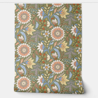 Boho indische Blüte mit olivgrünem Hintergrund Tapete