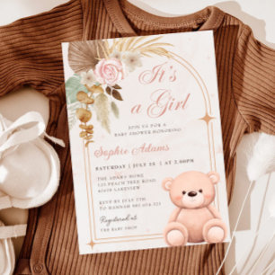 Boho It's a Girl Teddy Bear Pink Baby Shower Einladung