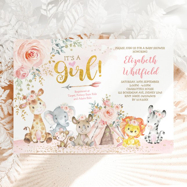 Boho Jungle Safari Blush Floral Girl Babydusche Einladung (Von Creator hochgeladen)